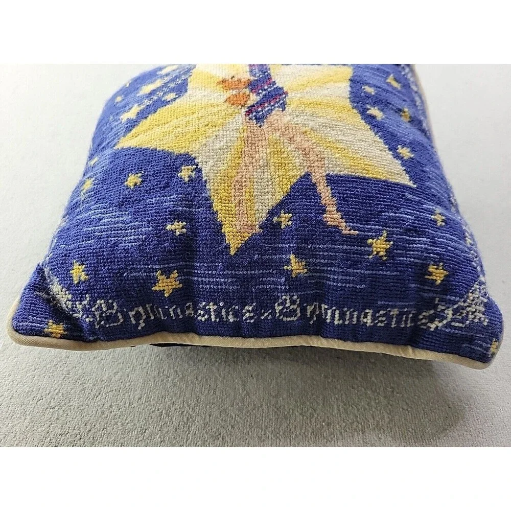 Gymnastics Needlepoint Pillow Shooting Stars Moon Velvet Back Blue Yellow 9